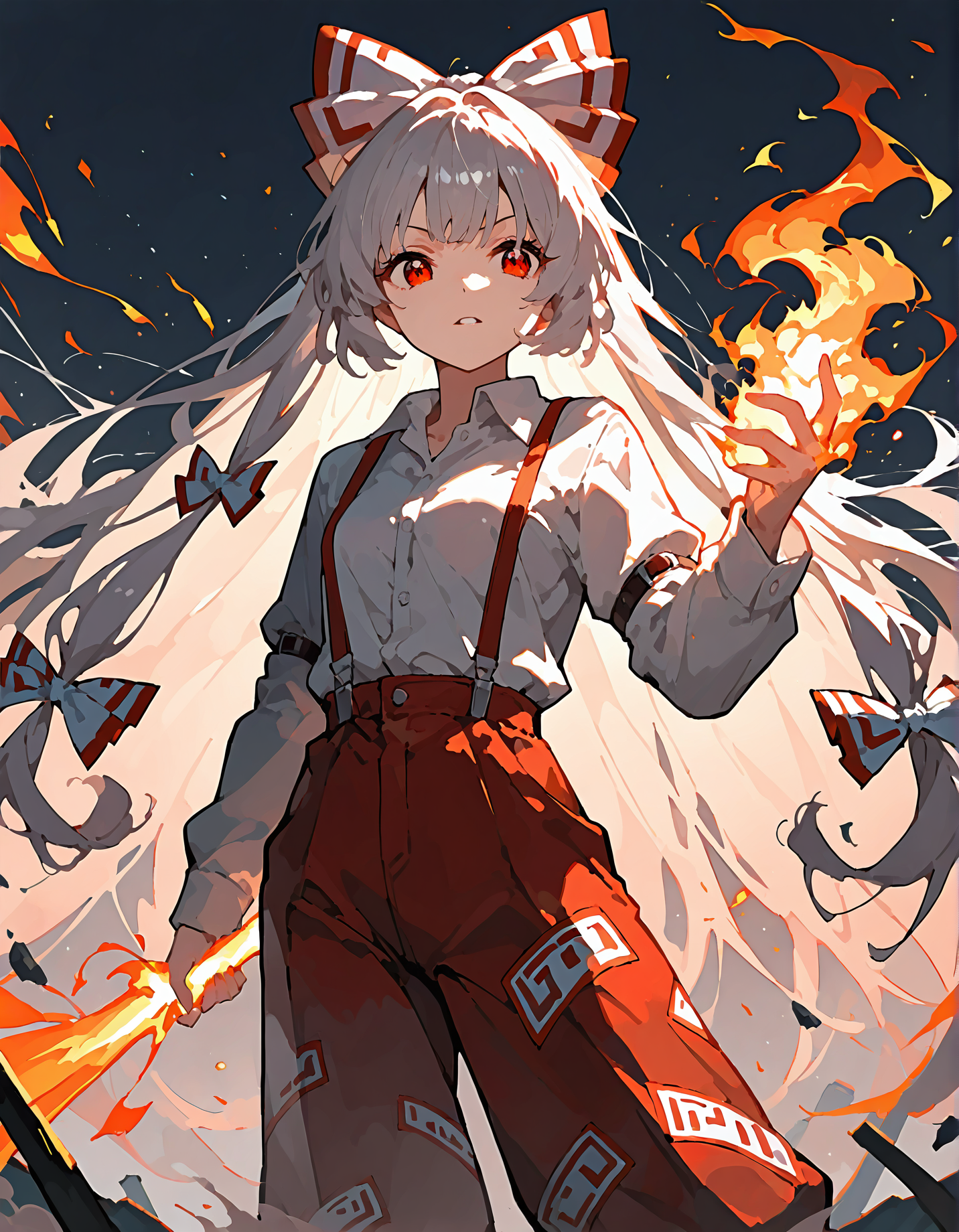 t-ponynai3, 1girl, solo, fujiwara no mokou, fire, flaming hand,
very awa, masterpiece, best quality, year 2024, newest, highres, absurdres, <lora:t-ponynai3-style-noobai-vpred10-v2:1>