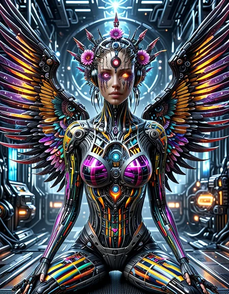 biomechanical cyberpunk professional 3d model hyperrealistic art breathtaking helios, colorful, sitting, wings, bird, star (sky), star (symbol), flower, solo, psy
<lora:helios:1> . award-winning, professional, highly detailed . extremely high-resolution details, photographic, realism pushed to extreme, fine texture, incredibly lifelike . octane render, highly detailed, volumetric, dramatic lighting . cybernetics, human-machine fusion, dystopian, organic meets artificial, dark, intricate, highly detailed