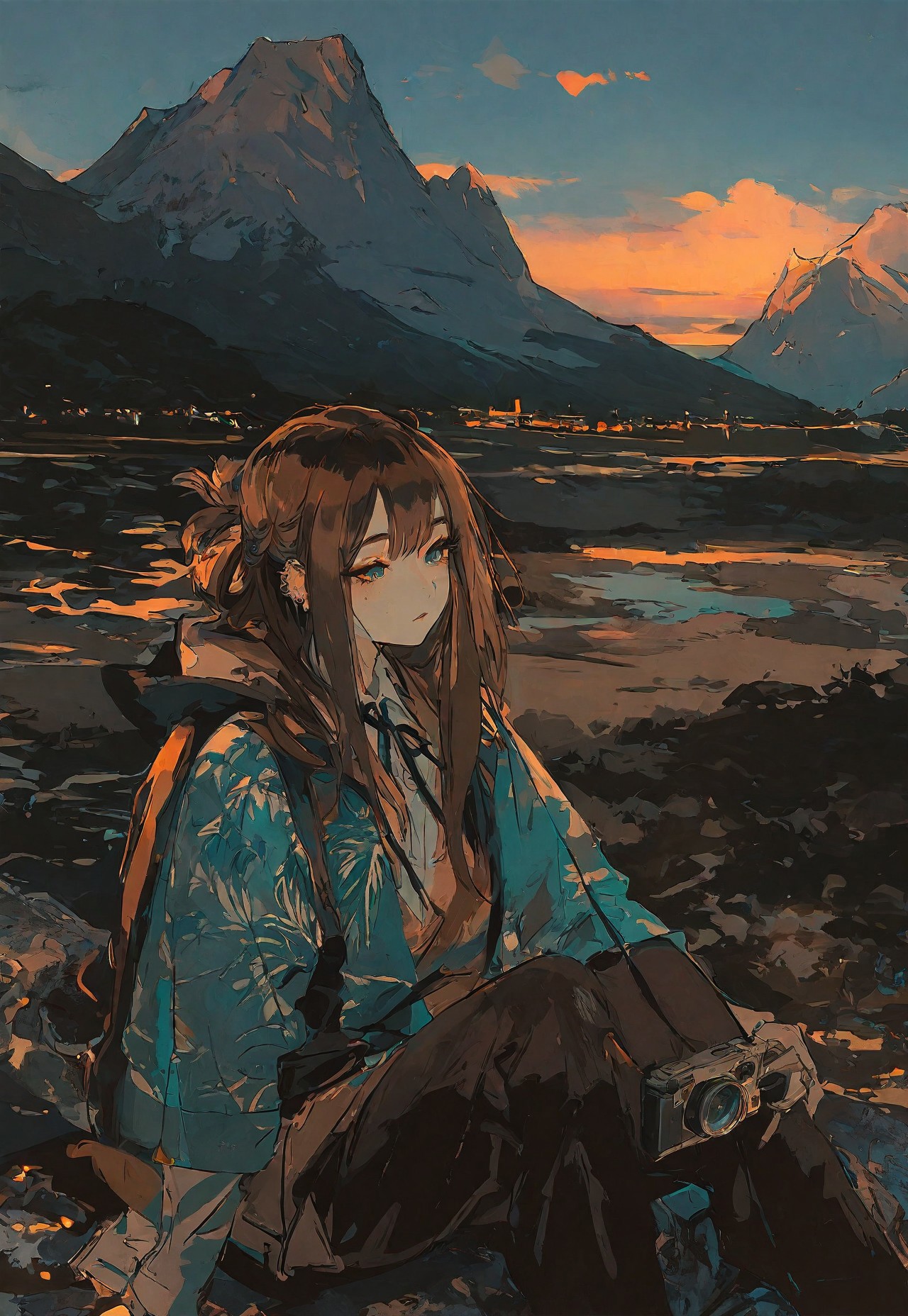 The camera captures a stunning photograph of a majestic stone, its rough surface reflecting the colors of the sunset. A cat with long brown hair and piercing turquoise eyes sits on the edge of a towering mountain