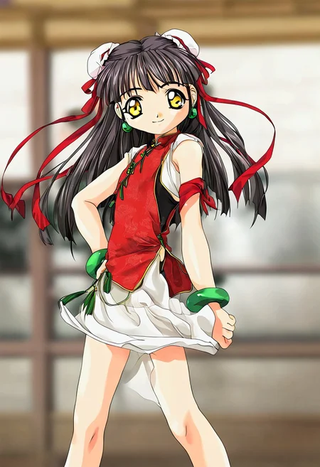 blurred background,
smile,
looking at viewer,
solo,
Kounyan, black hair, long hair, double bun, hair bun, bun cover, yellow eyes, ribbon, earrings, flat chest, green jewelry, short stack, 2000s \(style\),anime coloring,
standing,
masterpiece,best quality,good quality,newest,