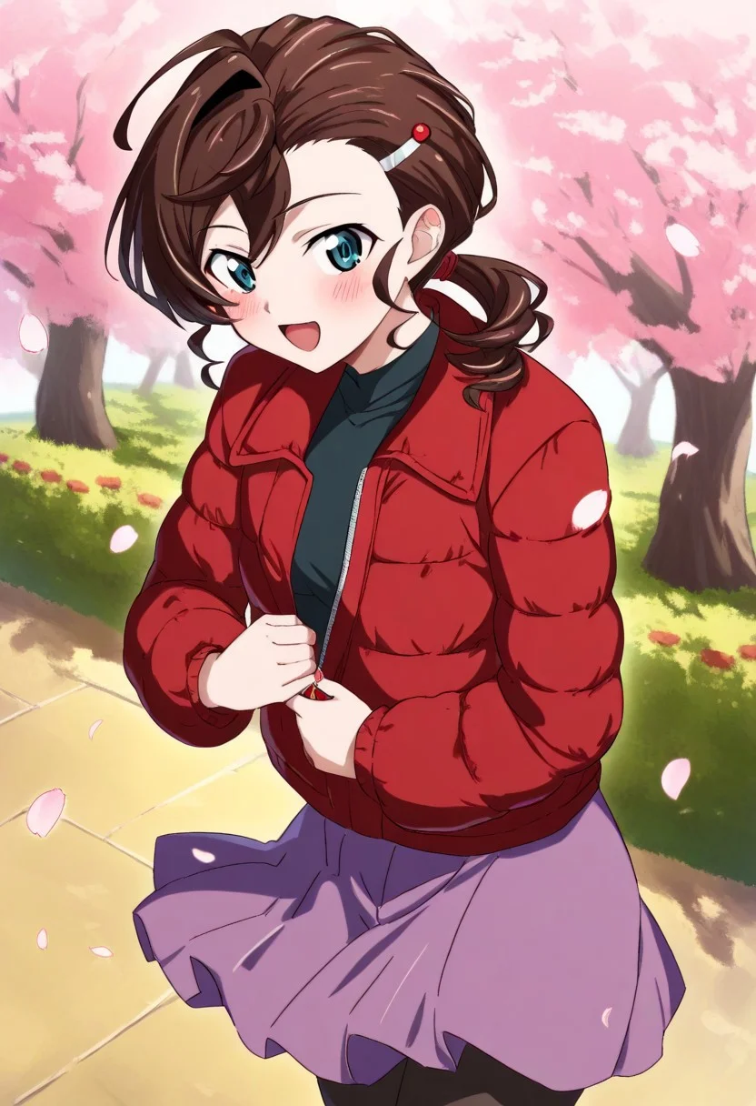 masterpiece, best quality, very aesthetic, absurdres,perfect,Foot,1girl,Inuyama Mana,GeGeGe no Kitarou,recent,solo,sunlight,(day:1.5),Exquisite (cherry blossom garden in full bloom:1.5),cherry blossom petals are falling,cowboy shot,pleased,(unzipping jacket:1.5),(lavenderblush skirt:1.5),(Lace-up:1.2) skirt,blue eyes,crimson (Down jacket:1.4),(right Placket jacket:1.4),1 hair tie,Ahoge,(wavy hair),(Brown:1.5) medium hair,swept bangs and (hair pulled back:1.2),(low ponytail),hair between eyes,(single hair intake:1.5),sideburns,(Loose high-neck:1.5) topwear,black topwear,red topwear,pantyhose,1 silver zipper,1 silver hairpin