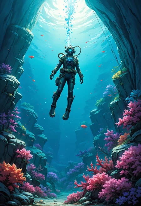 painted world, underwater scene of a figure in steampunk diving suit slowly descending into a extremely colorful coral reef, curious tropical fish circle around the air bubbles rising from the diver, below many sea creatures with glowing eyes can be seen peeking out from among the corals looking up at the diver