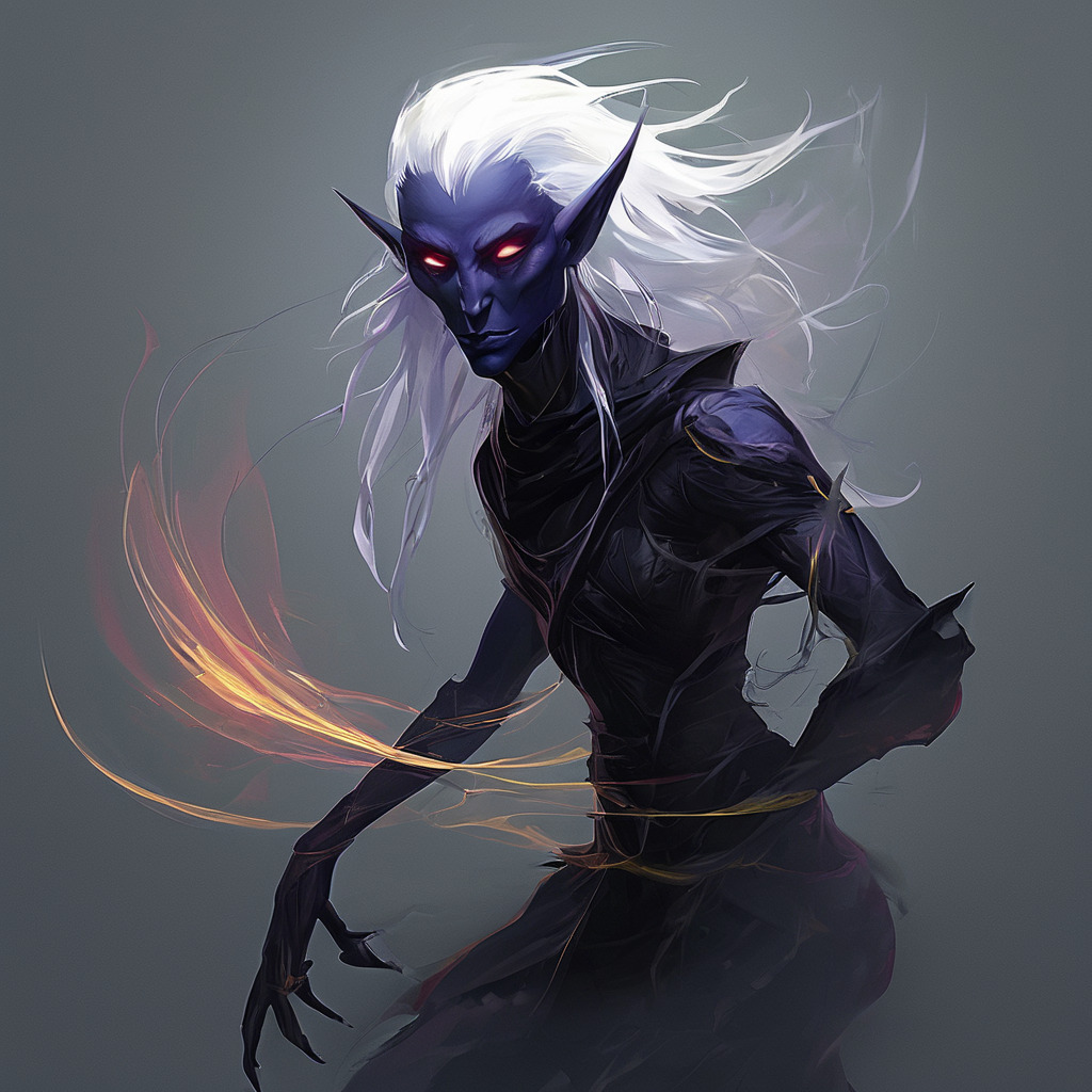 Drow are the Dark Elves of the Underworld - fearless killers who are known for both their spellcasting and fighting ability. Though more frail than humans,they are solid fighters with a great reputation of ruthlessness and precision. Those who cross a dark elf usually meet a swift demise. Drow are tallish elves with indigo skin and white hair,and usually have either red or golden eyes.,masterpiece,long exposure,layered elements,motion photography,stark contrasting color transitions,saturated colors,harmonious color story,illusionism,beautiful details,blackhole energy core,
<lora:artfullydrow__sdxl_v1:1>,