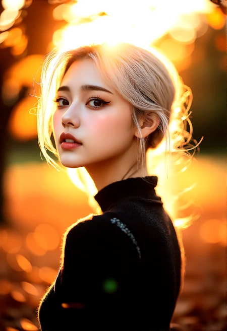photorealistic, A woman in her 20s, platinum blonde hair, long eyelashes, thick eyelashes, makeup, glamourous, interesting black eyeliner, autumn attire, park scene, golden hour, serene expression, detailed facial features, warm smile, cozy clothing, autumn leaves, setting sun, warm, golden lighting, intricate fabric details, gentle breeze, peaceful atmosphere, ultra-high resolution, natural skin tone, light makeup, autumn hues, wide shot, medium shot, close-up, low-angle shot, high-angle shot, side profile, standing pose, walking through park, hair flowing in breeze, blurred autumn background, hyper-detailed environment, warm glow, tranquil park scene, falling leaves, balanced composition, dynamic stance, fluid motion, emotional connection, serene mood, background focus
cinematic lighting, extremely intricate detail character, accurate depiction of character, correct body anatomy,correct hands and fingers, extremely intricate skin and facial texture detail, intricate black bodysuit design,lifelike potrayal, extrememly realistic lighting, extreme dynamic pose