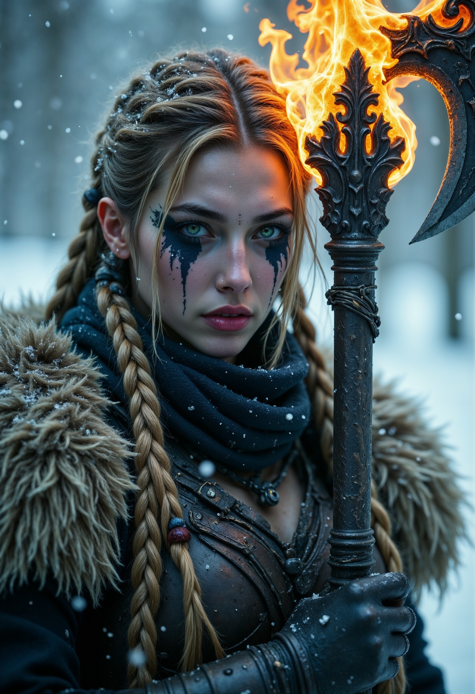R3alisticF, a warrior in a snowy, mystical setting. The subject is a woman with long, braided blonde hair, adorned with intricate braids and beads. Her skin is fair, and she has striking dark war paint accentuating her eyes. The female warrior is clad in detailed armor with fur accents, showcasing a mix of metal and leather textures. She holds a large, ornate axe with a glowing, fiery blade, casting a warm light that contrasts with the cold, blue-toned background. Snowflakes are falling around her, adding to the dramatic and intense atmosphere. The overall composition is dynamic, with a focus on the female warrior's determined expression and the fiery weapon, creating a sense of power and mysticism. (maximum ultra high definition image quality and rendering:3), maximum image detail, maximum realistic render, (((ultra realist style))), realist side lighting, , 8K high definition, realist soft lighting, (amazing special effect:3.5).
  <lora:FluxMythR3alisticF:1>