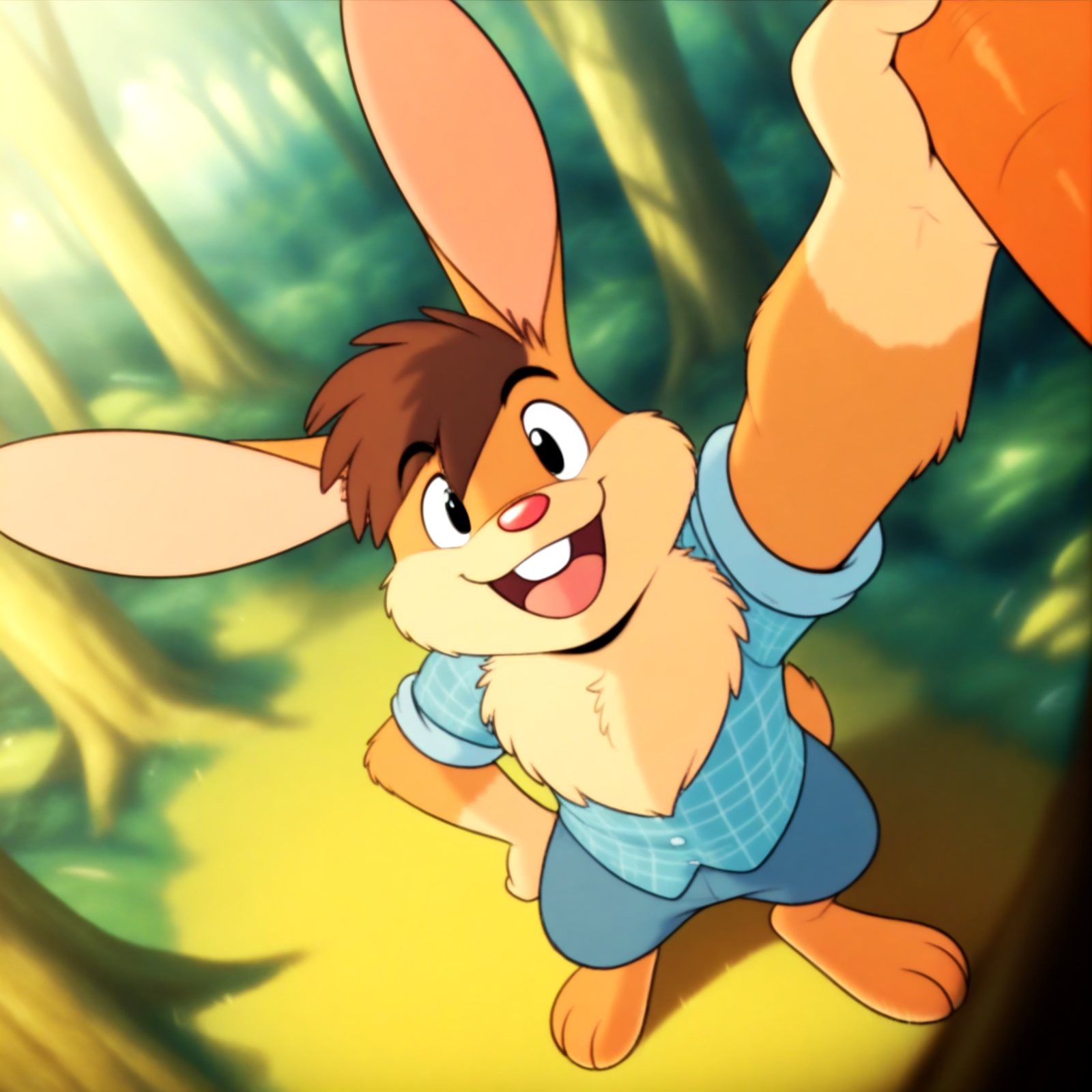 4k, score_9, score_8_up, score_7_up, gay, solo, 1boy, furry, full body,
mature, male, sharp focus, masterpiece, best quality, amazing quality, good eyes, detailed, good lighting, good background,
in the forest,  looking at viewer,
billybuns, neck fluff, rabbit ears,  <lora:billybuns1:1>, brown hair, playful,
SFW, wearing blue and white checkered shirt with sleeves rolled up, holding carrots, inviting, pantless,