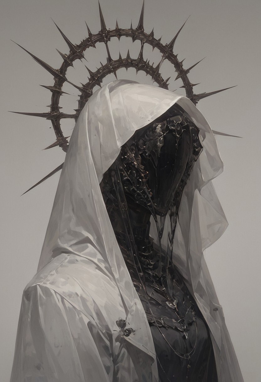 ((score_9, score_8_up, score_7_up)), modern-style colour illustration, bold & powerful, lifelike art, evil & dark robes, detailed setting, dark and moody lighting, ferent poses, inset reaction shot, rich & seductive, freckles, reaction frame, solo, veil, hood up, smoke in the backround, black grey outfit, dark backround, smoke