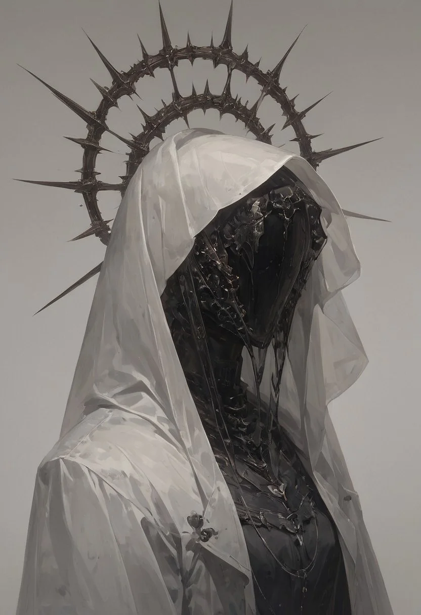 ((score_9, score_8_up, score_7_up)), modern-style colour illustration, bold & powerful, lifelike art, evil & dark robes, detailed setting, dark and moody lighting, ferent poses, inset reaction shot, rich & seductive, freckles, reaction frame, solo, veil, hood up, smoke in the backround, black grey outfit, dark backround, smoke