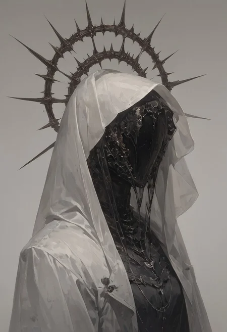 ((score_9, score_8_up, score_7_up)), modern-style colour illustration, bold & powerful, lifelike art, evil & dark robes, detailed setting, dark and moody lighting, ferent poses, inset reaction shot, rich & seductive, freckles, reaction frame, solo, veil, hood up, smoke in the backround, black grey outfit, dark backround, smoke