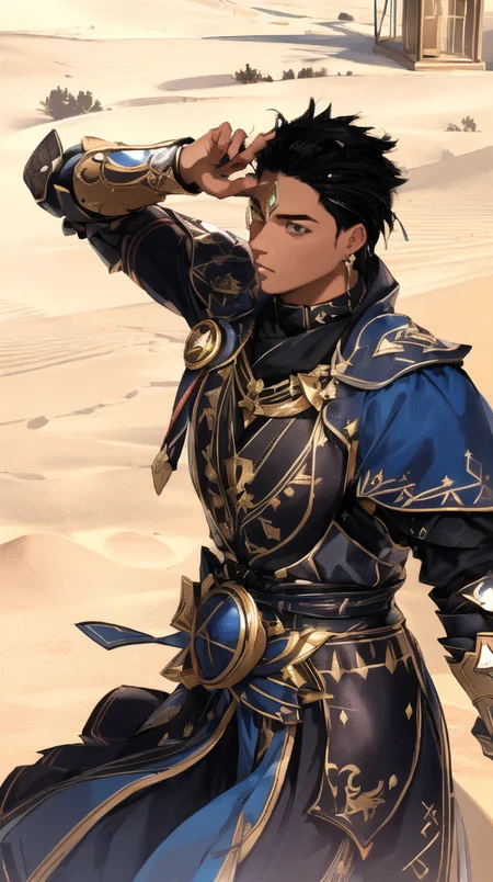 BDOboy, 1boy, armor, dark skin, head jewelry, bald,
(extremely detailed CG unity 8k wallpaper, masterpiece, best quality, ultra-detailed, best shadow, volumetric lighting), High contrast, (best illumination),
mksks style, desert, outdoors,