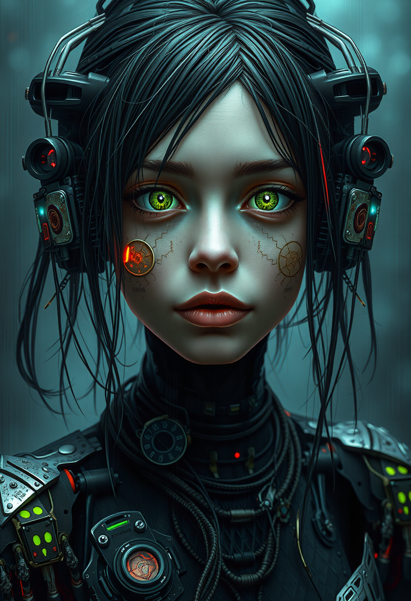 biopunk style, young cyber-occultism Polish woman, machine-driven with an unwavering willpower. dimly glowing biomechanical eyes. Her incantation is laden with binary codes, constructed from salvaged scraps and advanced engineering, traversing the dark corners of technology, driven to understand the unknown. style of Chris Cold  style of  Benedick Bana, messy, streaks , <lora:other/flux_realism_lora> , . fusion of organic biology and synthetic machinery, blending genetic engineering, cybernetic enhancements, and advanced biotechnology, featuring intricate patterns of circuitry and microorganisms, grafted limbs and organs, and an atmosphere of unease and uncertainty, mythpunk style . mythological and legendary aesthetic with magical elements, otherworldly inspirations, and futuristic technology