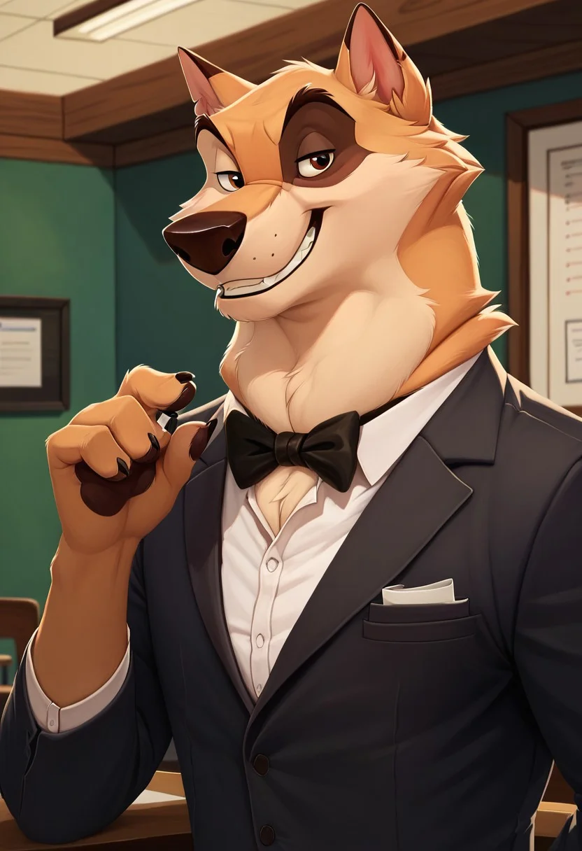 score_9, score_8_up, score_7_up, Kaltag, alaskan malamute, anthro, solo, smile, tuxedo, formal wear, restaurant background, detailed background, high res, ultra quality