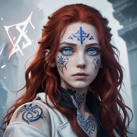 bright red hair, human female, (feminine:1.7), (beautiful face, detailed face:1.6), (beautiful eyes, detailed eyes:1.7), (looking at viewer, eye contact, intense:1.6), (long hair, red hair, curly hair:1.3), , ((masterpiece, best quality, high resolution, realistic, best quality,)), photo realistic, Perfect Face, (detailed face). <lora:GoodHands-vanilla:0.6> <lora:add-detail-xl:0.8>, mage, (Dress White military uniform coat), dagger, rune dagger, glowing runes, , (((glowing magic symbols tattoos, religious tattoos))), ((face tattoos)), glowing tattoos, stone tower in the background