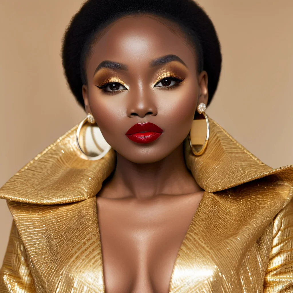 professional closeup photography of a african woman in a golden coat with red lips<lora:Professional_Photography:1>