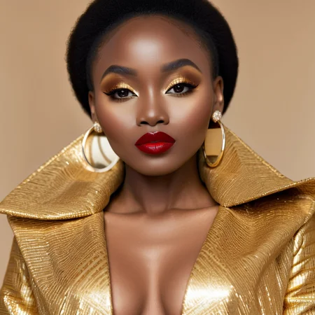 professional closeup photography of a african woman in a golden coat with red lips<lora:Professional_Photography:1>