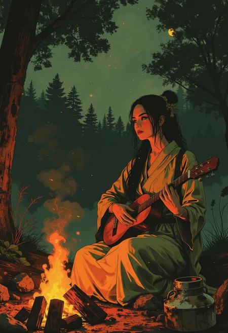 in the style of cksc,, Stunning Japanese woman (long hair, sidelocks, hair ornament, summer dress) sitting outside playing a lute, in a woodland clearing at night, by a wood fire, illuminated by the light of the fire.