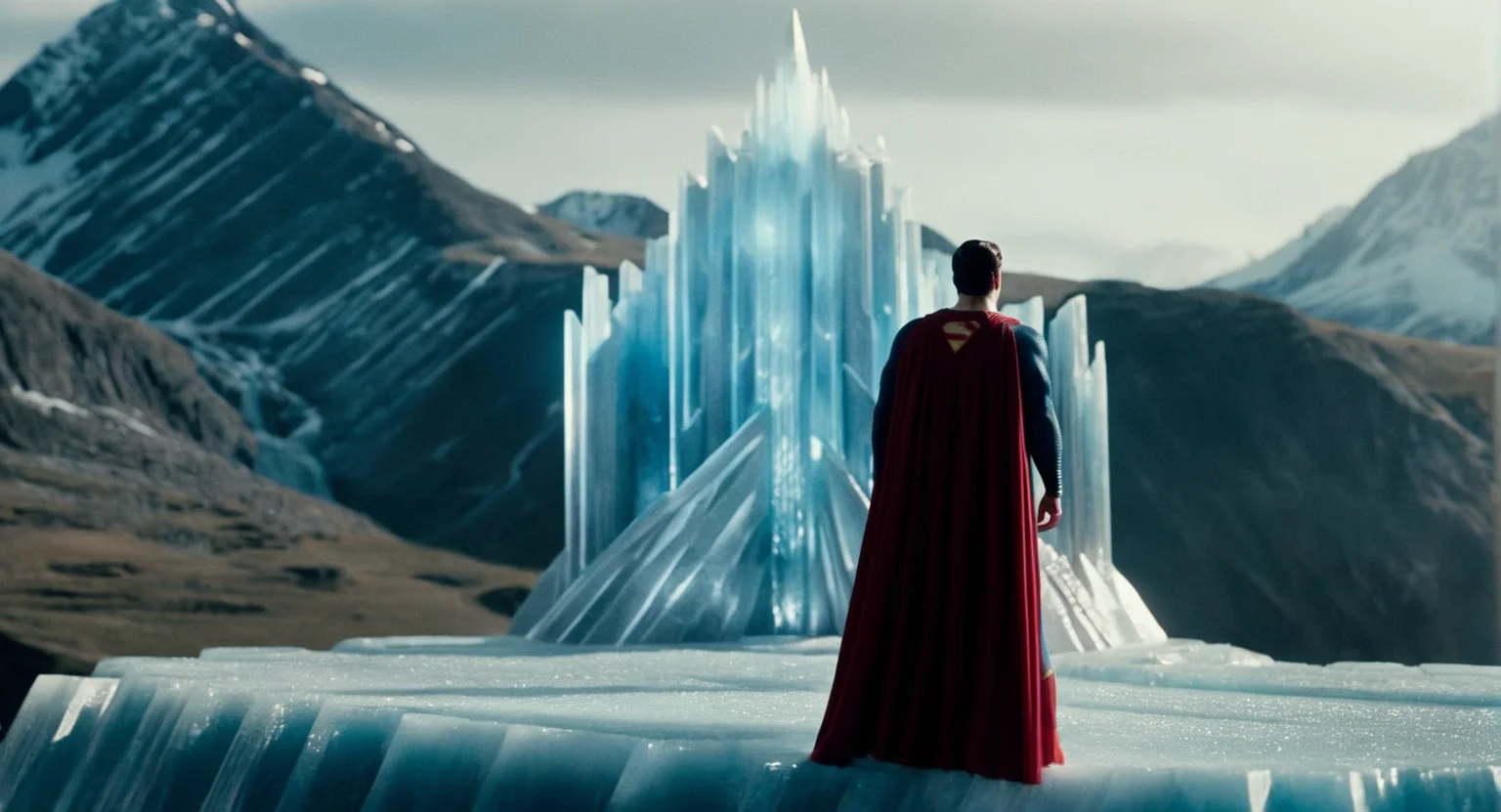 cinematic film still of <lora:Fortress of Solitude:1>
Fortress of Solitude superman in front of a mountain with Fortress of Solitude in the background, shallow depth of field, vignette, highly detailed, high budget, bokeh, cinemascope, moody, epic, gorgeous, film grain, grainy