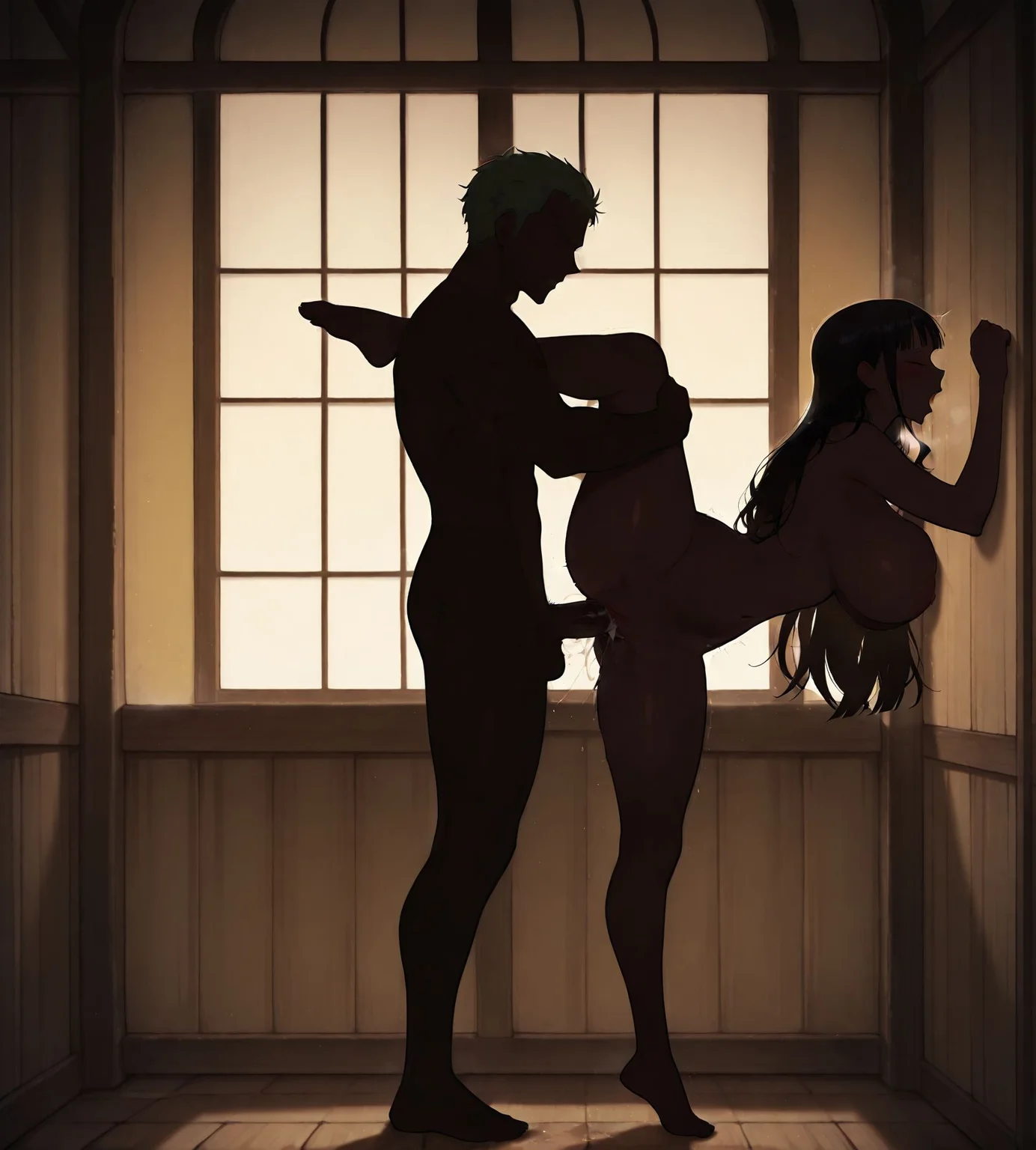 <lora:add-detail-xl:0.5>,masterpiecebest quality,anime coloring,anime screenshot,
<lora:silhouette_sex:0.9>silhouette_sexV1,
silhouette, 1girl, 1boy, standing split sex, against wall, standing, full body, 
indoors, moaning, dark,yellow theme,holding own leg, 
penis, pussy juice, cum in pussy, completely nude, 
behind window, 
medieval century inn,
indoors, 
Nico Robin  \(one piece\),
roronoa zoro, 
20YO,milf, adult,