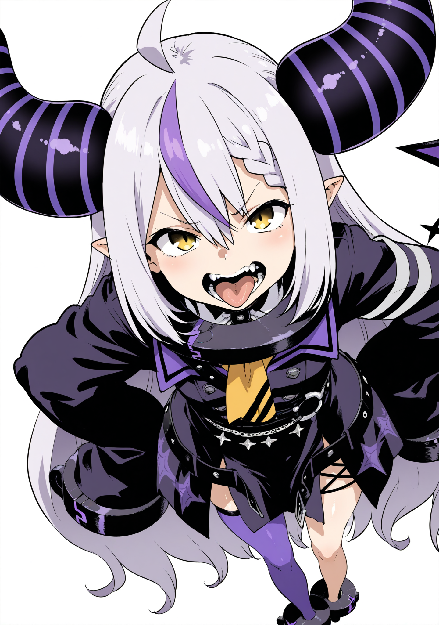 <lora:haniodonstyle:1>,haniodonstyle,
darknesss,virtual youtuber,1girl,horns,solo,la+ darknesss \(1st costume\),yellow eyes,pointy ears,long hair,grey hair,purple hair,multicolored hair,looking at viewer,demon horns,streaked hair,sleeves past wrists,striped horns,collar,hair between eyes,black horns,ahoge,metal collar,tail,sleeves past fingers,black footwear,fangs,white background,long sleeves,open mouth,simple background,purple thighhighs,tongue,thighhighs,