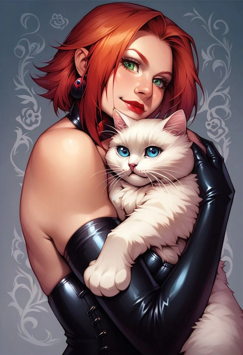 ,Score_9, score_8, score_7, realistic, 1girl, BloodRayne, redhead, green eyes, bedroom, detailed background, corset, elbow gloves, hugging cat, black cat with blue eyes, p3tl0v3,