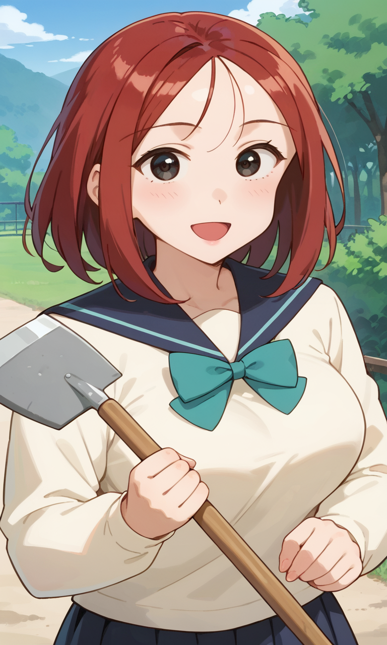 (1girl:1.5), (solo:1.3), (score_9, score_8_up, score_7_up, score_6_up, score_5_up, score_4_up), (source_anime), rating_questionable, looking at viewer, (upper body:1.3), (yellow untucked sweater, oversized clothes, long sleeves, blue sailor collar, green bowtie, blue skirt, pleated skirt, miniskirt, white socks, black footwear), (large breasts), <lora:shiwasu-mari_v1:0.9> (shiwasu-mari), (black eyes, red hair, medium hair, parted bangs, parody hair), (smile, happy, open mouth, wide mouth), 
outdoors, blue sky, (holding, shovel:1.5)