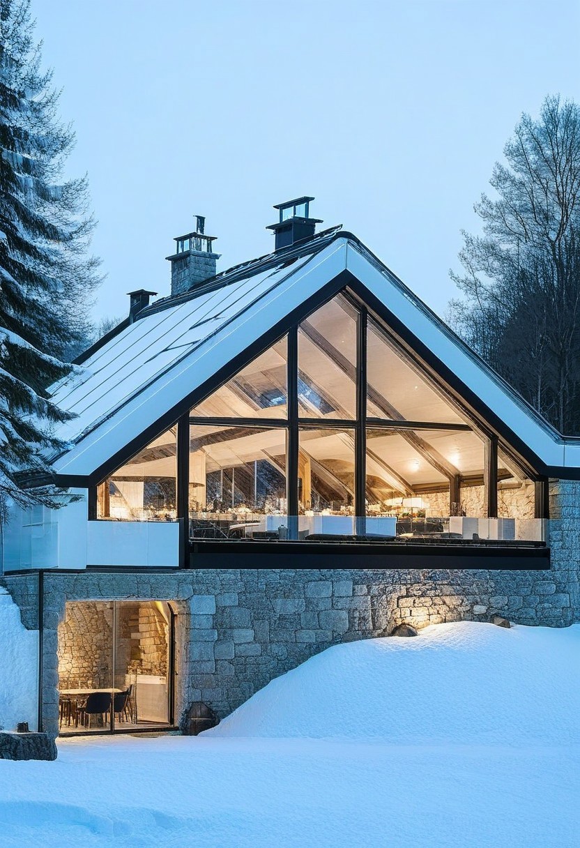 A-frame cabin on a snowy hill with a glass wall, visible indoor furniture and decor, supported by a white stone-walled structure with a glass window.