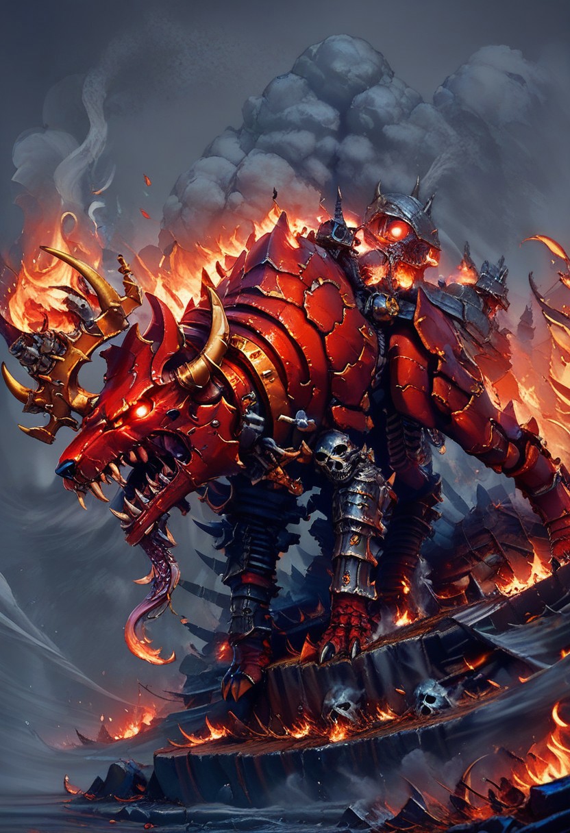 score_9, score_8_up, score_8, 
Khrn, solo, open mouth, horns, teeth, smog, fire, Bldcrsher,  side view, monster, dog, looking at viewer, glowing eyes,