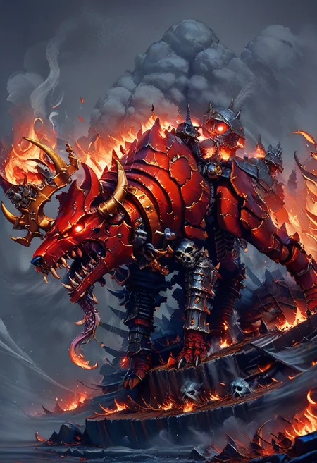 score_9, score_8_up, score_8,
Khrn, solo, open mouth, horns, teeth, smog, fire, Bldcrsher, side view, monster, dog, looking at viewer, glowing eyes,
