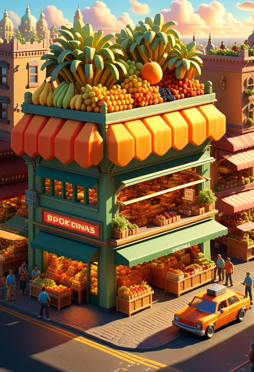 ispzxll, diorama, isometric, miniature, futuristic busy street corner market scene, golden hour, long shadows, volumetric lighting style, pedestrian crowds, fruit stands, parked cars, storefronts, epic architecture, intricate details, potted plants, ultra-detailed, 8k, fluffy clouds