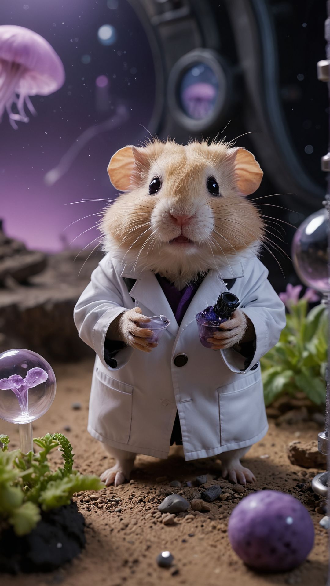An astronaut exploring an alien planet with a purple sky, strange rock formations, and bioluminescent plants, encountering a friendly, jellyfish-like alien creature A mad scientist hamster in a tiny lab coat, conducting bizarre experiments with miniature beakers and test tubes in a secret lab hidden inside a hamster wheel
Ultra realistic, professional photo, uhd, 8k
<lora:add-detail-xl:1>
<lora:CinematicStyle_v1:0.7>
OverallDetailXL