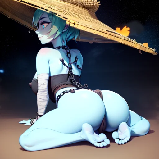 Kasumi,(light blue skin1:1) ghost, , light blue feet, short green hair, medium breasts,(barefoot),(glowing blue eyes), floating in the air, evil smile,
KasAttire, bandages, bandaged leg, , chain and lock jewelry, (tight Fundoshi), straw hat, solo, rear view, feet and butt focus, facing away,
night sky,
(insanely detailed, beautiful detailed face, masterpiece, best quality) <lora:kasumi-10:0.7> <lora:Sagging breasts:0.7> <lora:feetaway1:0.7 >