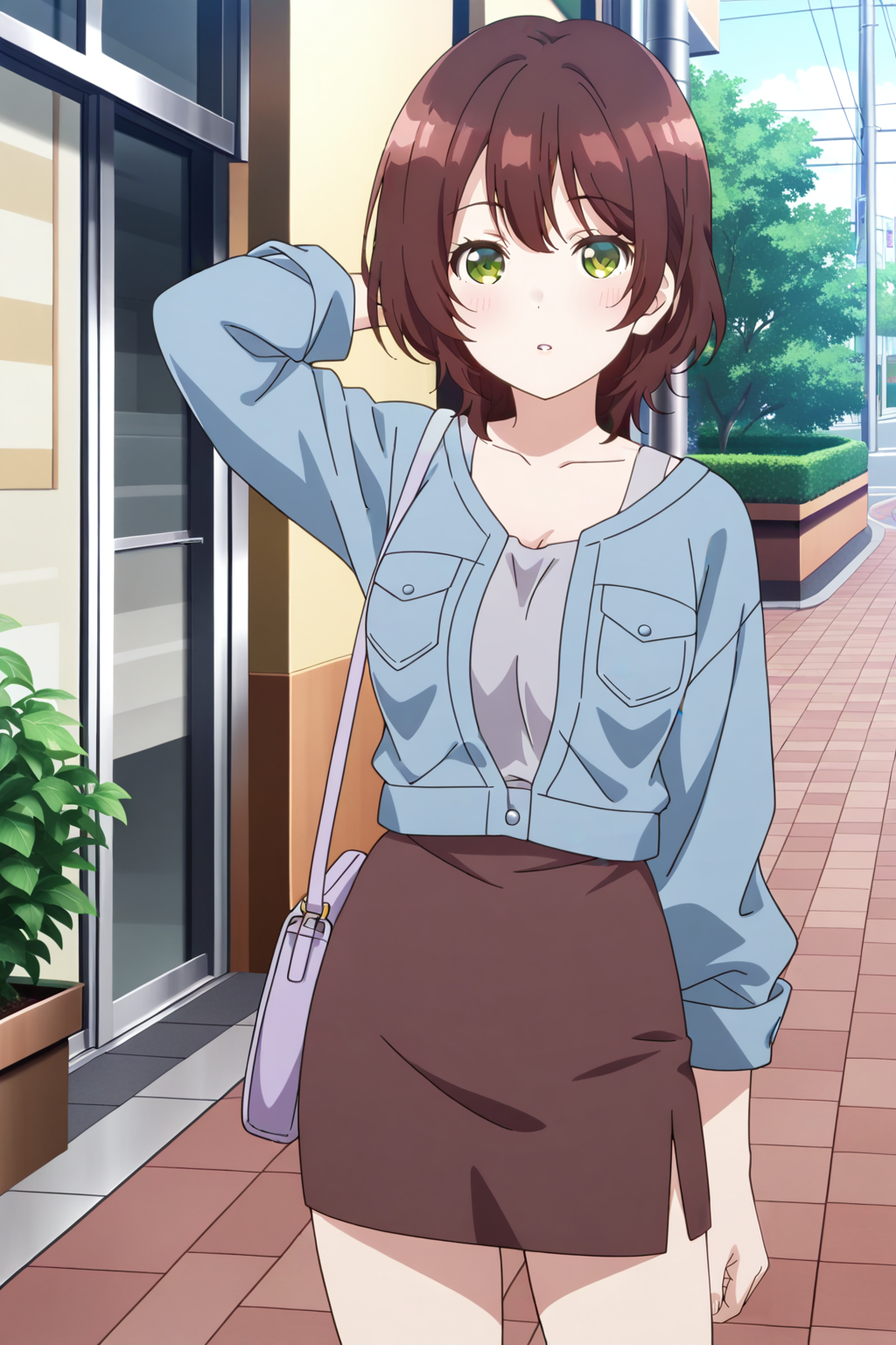 anime screenshot, hinami aoi, 1girl, solo, brown hair, short hair, green eyes, medium breasts, blue jacket, denim jacket, long sleeves, grey tank top, brown skirt, pencil skirt, handbag, looking at viewer, parted lips, arm behind head, cowboy shot, outdoors, street, masterpiece, best quality, high quality, highres, absurdres, <lora:hinami_aoi_ILXL:0.9>