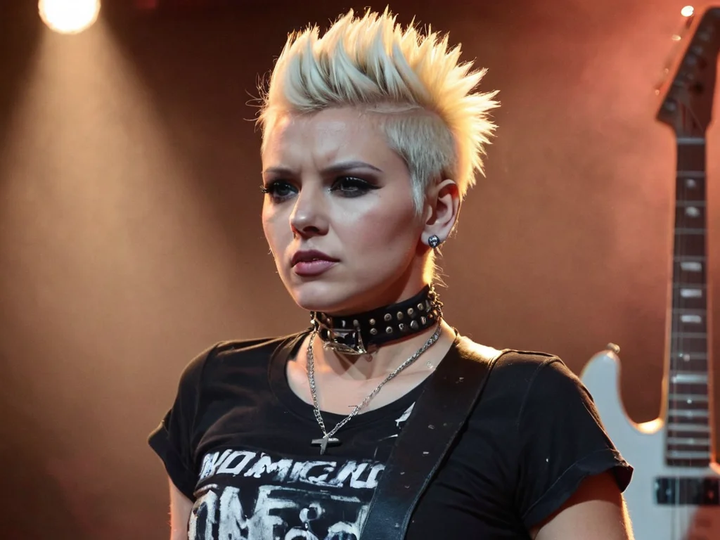 A portrait photo of a female with platinum blonde hair styled in edgy spikes, wearing a distressed band tee and studded choker, with a background of electric guitars and amplifiers on stage.