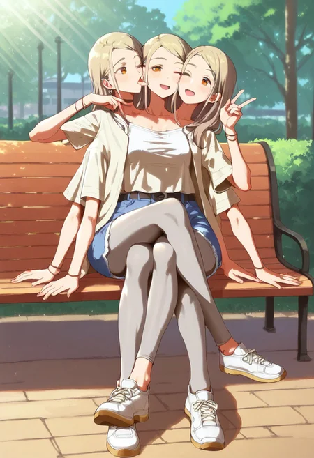((8arms, 4heads, trileg)),  score_9, score_8_up, score_7_up, score_6_up, score_5_up, score_4_up, shiny skin, french kiss, <lora:hiro.il:1>, hiro, aaa,
(((grey pantyhose))), fully clothed, casual, sitting on bench, ((legs crossed )), slender legs,  ((one eye closed)), outdoors , park, [shadows], light rays, Expressiveh