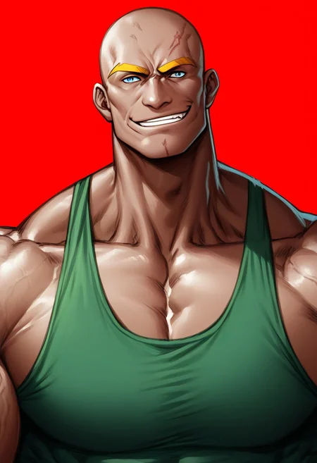 score_9,score_8_up,score_7_up, detailed face, detailed body, detailed eyes, Highest Quality, 4k, masterpiece, Amazing Details, (((GomTang, low angle, {portrait}, face focus, {closeup}))), ((solo, 1boy, bara, bald, yellow eyebrows, Goliath, dark blue eyes, smirk face, evil, looking to viewer|looking at viewer, massive pectoral, muscular, tall, bodybuilding, green tank top, strong triangular jawline, rugged feature, chiseled feature)), (red sky with orange clouds background)