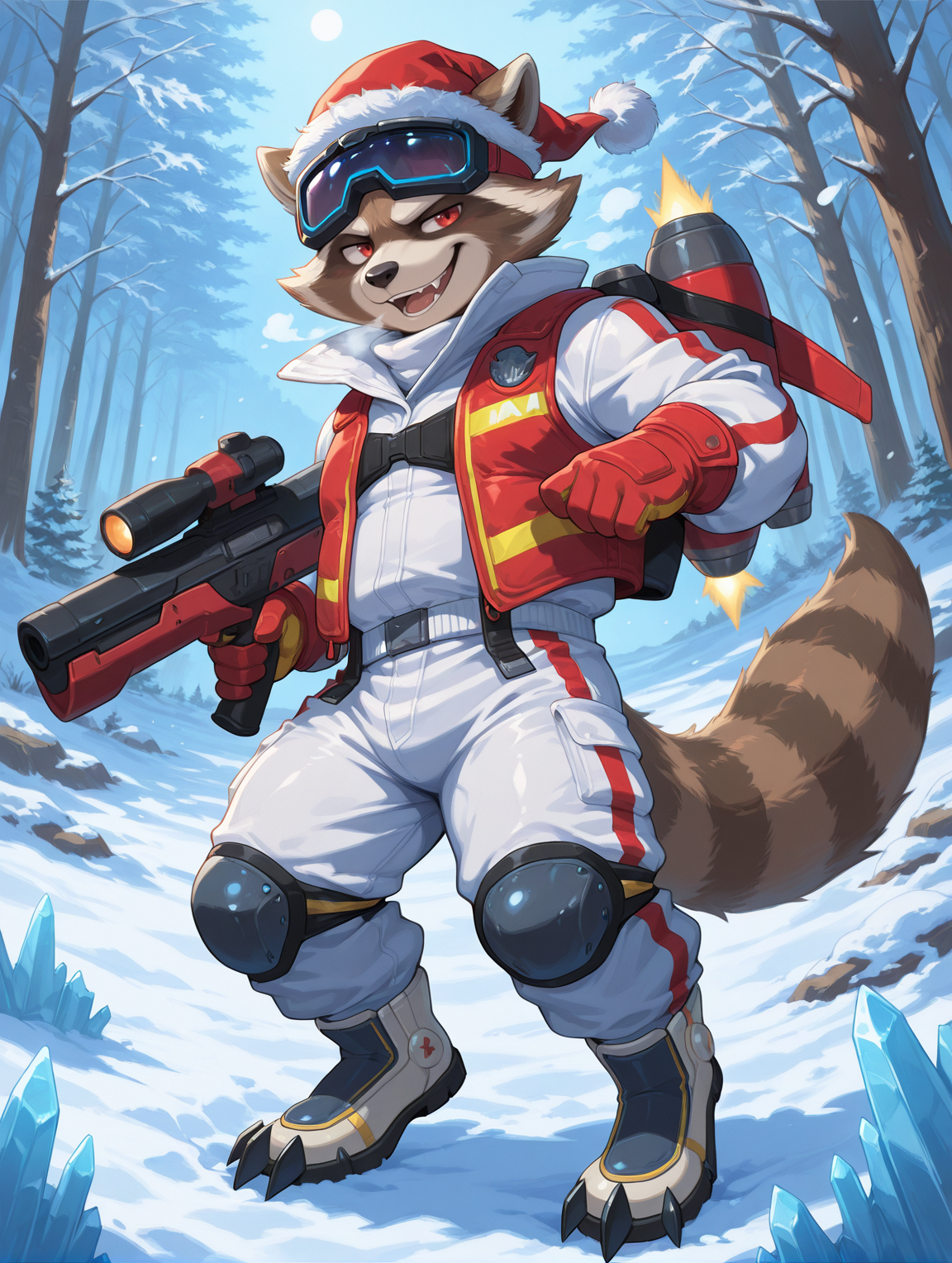 <lora:Rocket Raccoon-ChristmasSkin-illustriousXLNEW-000012:0.8>,rocket raccoon,furry,1boy,solo,plump,furry male,male focus,raccoon,red eyes,seductive_smile,winter combat uniform,goggles,pants,crampon boots,santa hat,gloves,open mouth,holding gun,jetpack,tail,christmas,snow,ice,nature,looking_at_viewer,full body,digital painting,artwork,anime style,masterpiece,best quality,amazing quality,