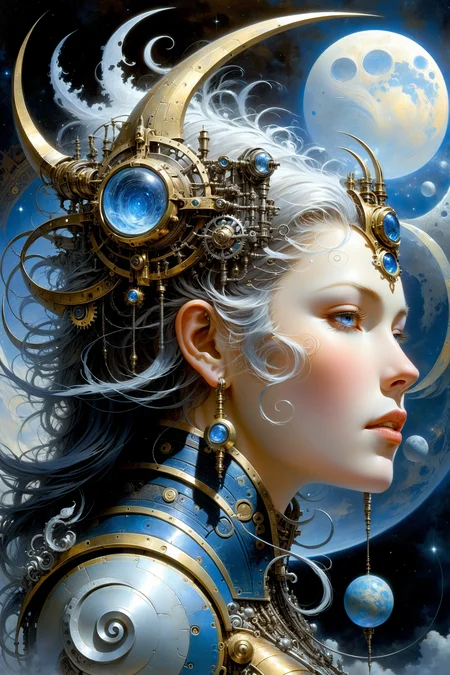 fantastic futuristic steam punk made of shiny brass towers, floating_swirls_made_of_steam, blue sky, silver moons, dramatic color palette, <lora:add-detail-xl:2> misc   <lora:DonMW15pXL:0.5> DonMW15pXL, the head of a woman by aaron horkey <lora:John Berkey Style:0.6> John Berkey Style page <lora:d\EnvyFantasticXL01:1>, (masterpiece:1.2), best quality, (hyperdetailed, highest detailed:1.2), high resolution textures, <lora:EnvyBetterHiresFixXL01:1>