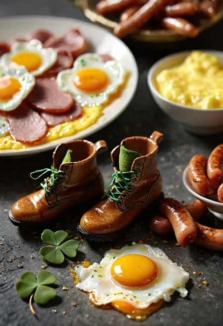 Macro photography, extreme close-up, traditional Irish breakfast, miniature leprechauns IN PLACE OF sausages, tiny buckles, shiny boots, realistic skin texture, fried egg, single shamrock in yolk, glistening food textures, shallow depth of field, blurred background, dramatic lighting, intense detail