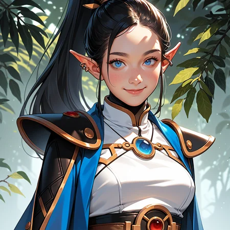 score_9, score_8_up, score_7_up, score_6_up, score_5_up, score_4_up, source_anime, <lora:aeldari_Pony_2:1> aeldari, asuryani, seer, aeldari's armor, aeldari's shoulder armor, 1girl, solo, long hair, looking at viewer, smile, blue eyes, black hair, medium breasts, closed mouth, ponytail, pointy ears, piercing, elf, breastplate