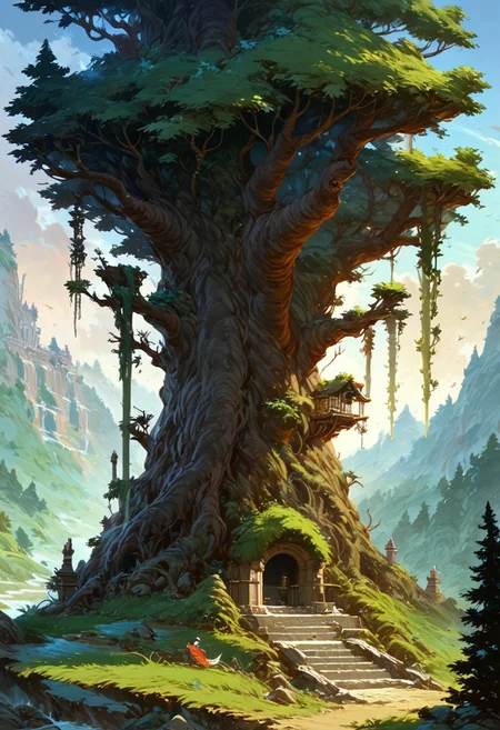 score_9, score_8_up, score_7_up, masterpiece, landscape, old forest, gnarled trees, grass, ancient houses, dilapidated buildings, shacks, witch houses, buildings, sun, epiCPhoto, long shadows, eerie