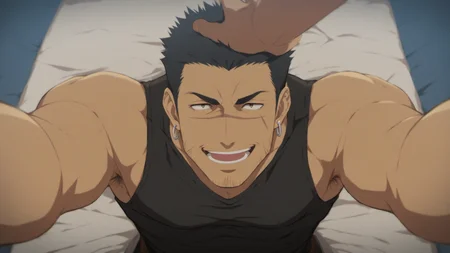 1boy, GridHalf, (scar on face), scar over nose, cross scar on face, facial hair, earring, black shirt, bare arms, score_8_up, score_7_up, score_6_up, score_9_up, face_focus, a muscular male soldier sitting on bed at Middle Ages bed room, viewer's hand touching face, from above, top down view, looking_up, fantasy, ancient ,medieval, short hair, hairy, muscular, centered, looking at viewer,  8k uhd, high quality, face_focus,happy, smile, open mouth, armpit, viewer's hand touching forehead, 