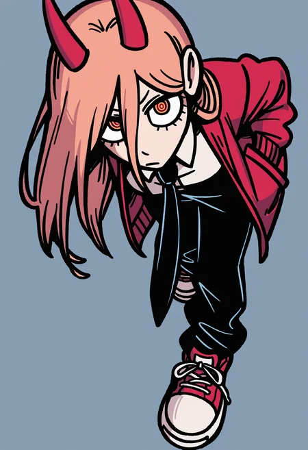 masterpiece, best quality, absurdres, highres, 1girl, black necktie, necktie, solo, long hair, horns, red eyes, shirt, jacket, white shirt, pants, black pants, red footwear, collared shirt, shoes, blonde hair, blue background, simple background, power \(chainsaw man\), hands in pockets, facing viewer, looking at viewer, ringed eyes, leaning forward, close-up, red jacket, from above, upturned eyes,
<lora:suragiv3_ill:1>