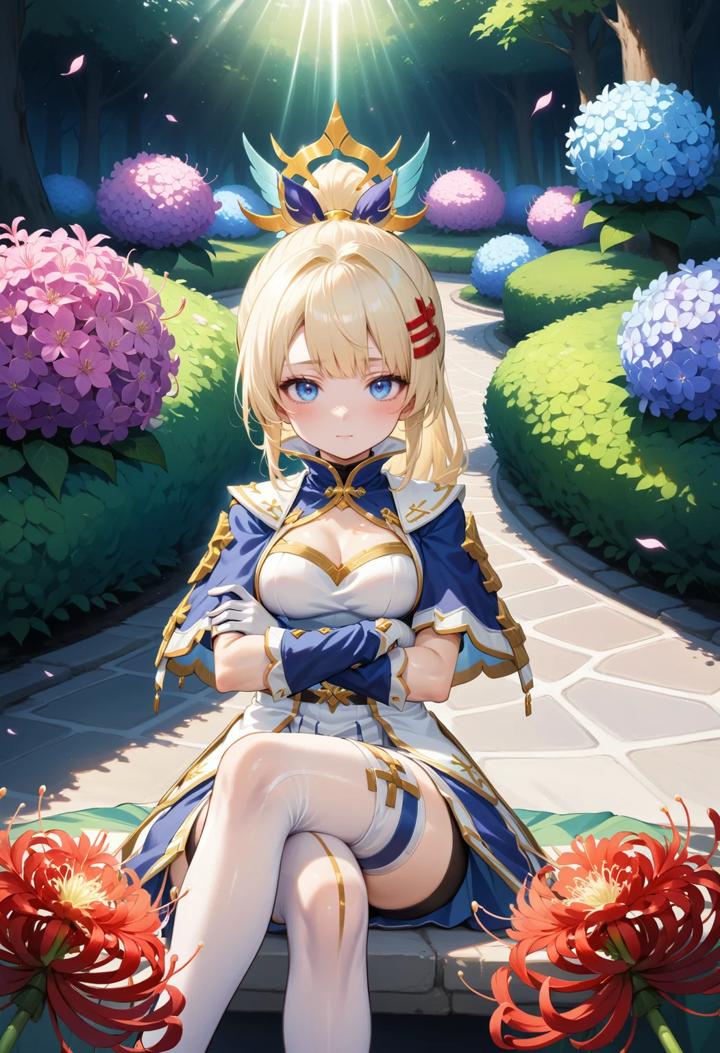 masterpiece, best quality, very aesthetic, absurdres, rom_saint_xl,
1girl, blonde hair, ponytail, hair ornament, blue eyes, sitting,
crossed arms, crossed legs, looking at viewer, miniskirt, mystical forest, water, spider lily, hydrangea, falling petals, light rays, tyndall effect, vivid colors, tranquil and magical atmosphere,
shiny skin, beautiful face, beautiful eyes, extreme detailed, official art, professional illustration, hires,
<lora:rom_saint_pony_xl:1>, <lora:aesthetic_anime_v1s:0.5>, <lora:add_details_xl:0.5>