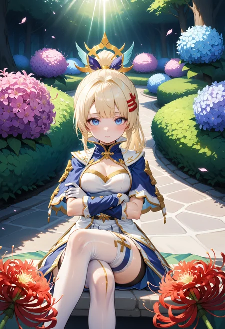 masterpiece, best quality, very aesthetic, absurdres, rom_saint_xl,
1girl, blonde hair, ponytail, hair ornament, blue eyes, sitting,
crossed arms, crossed legs, looking at viewer, miniskirt, mystical forest, water, spider lily, hydrangea, falling petals, light rays, tyndall effect, vivid colors, tranquil and magical atmosphere,
shiny skin, beautiful face, beautiful eyes, extreme detailed, official art, professional illustration, hires,
<lora:rom_saint_pony_xl:1>, <lora:aesthetic_anime_v1s:0.5>, <lora:add_details_xl:0.5>