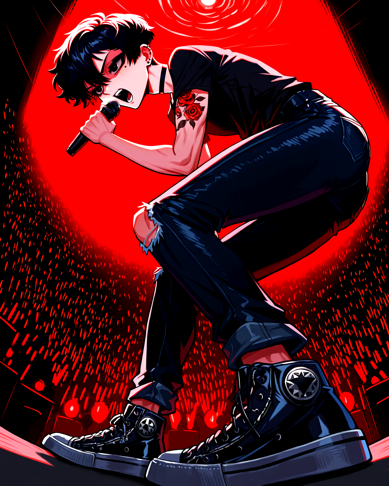1boy, OCDamien, (bishounen:1.2), black hair, black eyes, very short hair, pixie cut, hair between eyes, st4g3, concert, solo focus, dynamic pose, black shirt, short sleeves, arm tattoo, rose tattoo, black eyeshadow, black choker, ear piercing, skinny jeans, torn jeans, black jeans, black jeans, black converse, full body, singing, aggressive singing, leaning forward, shaded face, teeth, holding microphone, shouting into the microphone, hand up, from below, from side, glowsticks, stage lights, stage, crowd, microphone, red light, red lighting, masterpiece, best quality, newest, absurdres, highres, <lora:noobai_ep11_stabilizer_v0.138_fp16_1212730:1><lora:NOOB_vp1_detailer_by_volnovik_v1:2><lora:StS_Age_Slider_Illustrious_v1:1><lora:DamienOC_NAI:1>  <lora:ConcertStage-IL:1>