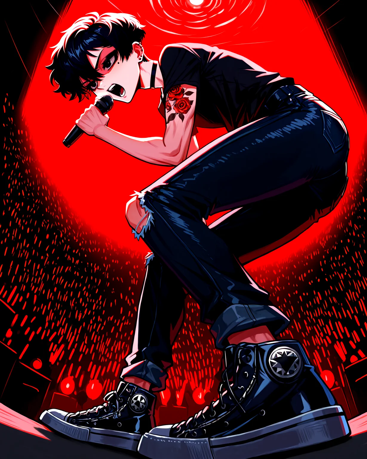 1boy, OCDamien, (bishounen:1.2), black hair, black eyes, very short hair, pixie cut, hair between eyes, st4g3, concert, solo focus, dynamic pose, black shirt, short sleeves, arm tattoo, rose tattoo, black eyeshadow, black choker, ear piercing, skinny jeans, torn jeans, black jeans, black jeans, black converse, full body, singing, aggressive singing, leaning forward, shaded face, teeth, holding microphone, shouting into the microphone, hand up, from below, from side, glowsticks, stage lights, stage, crowd, microphone, red light, red lighting, masterpiece, best quality, newest, absurdres, highres, <lora:noobai_ep11_stabilizer_v0.138_fp16_1212730:1><lora:NOOB_vp1_detailer_by_volnovik_v1:2><lora:StS_Age_Slider_Illustrious_v1:1><lora:DamienOC_NAI:1> <lora:ConcertStage-IL:1>