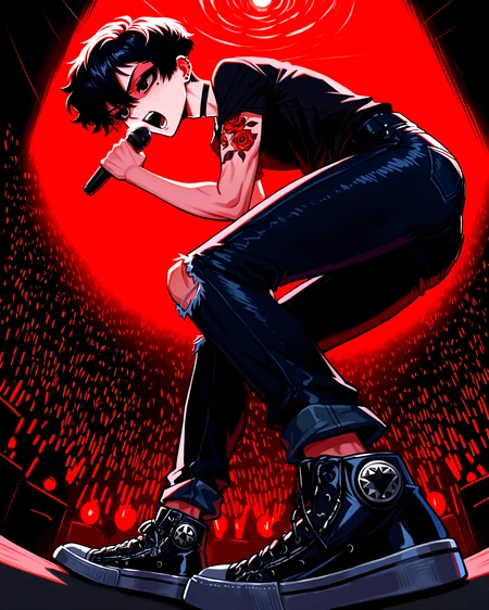 1boy, OCDamien, (bishounen:1.2), black hair, black eyes, very short hair, pixie cut, hair between eyes, st4g3, concert, solo focus, dynamic pose, black shirt, short sleeves, arm tattoo, rose tattoo, black eyeshadow, black choker, ear piercing, skinny jeans, torn jeans, black jeans, black jeans, black converse, full body, singing, aggressive singing, leaning forward, shaded face, teeth, holding microphone, shouting into the microphone, hand up, from below, from side, glowsticks, stage lights, stage, crowd, microphone, red light, red lighting, masterpiece, best quality, newest, absurdres, highres, <lora:noobai_ep11_stabilizer_v0.138_fp16_1212730:1><lora:NOOB_vp1_detailer_by_volnovik_v1:2><lora:StS_Age_Slider_Illustrious_v1:1><lora:DamienOC_NAI:1>  <lora:ConcertStage-IL:1>