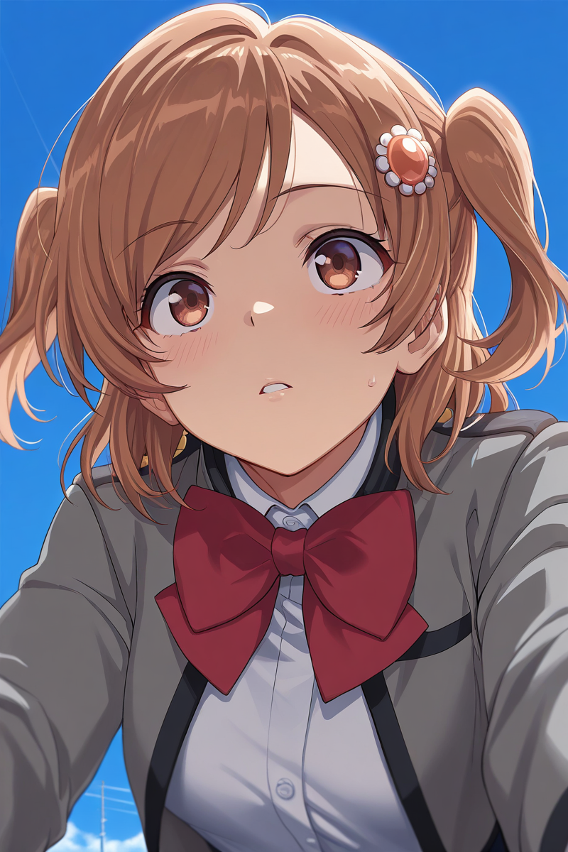 masterpiece, best quality, amazing quality,
 <lora:Karen_IL:1> karen, 1girl, white shirt, sky, solo, shirt, grey jacket, red bowtie, red bow, hair ornament, jacket, bowtie, blue sky, day, brown hair, bow, close-up