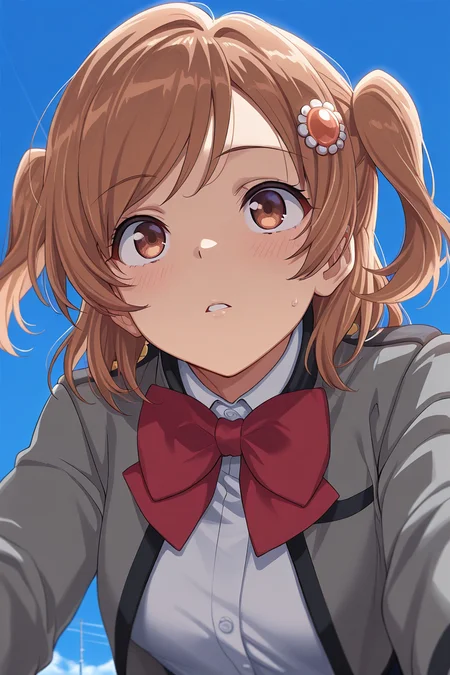 masterpiece, best quality, amazing quality,
 <lora:Karen_IL:1> karen, 1girl, white shirt, sky, solo, shirt, grey jacket, red bowtie, red bow, hair ornament, jacket, bowtie, blue sky, day, brown hair, bow, close-up