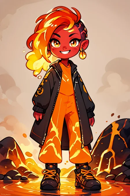 score_9, score_8_up, score_8, BREAK, , zzLavaGirl, black scales, colored skin, monster girl, orange skin, fire, fiery hair, red skin, molten rock, red hair, <lora:Lava_Girl_PDXL:1.0>, , BREAK, socks, big shoes, ,,, smile, looking at viewer, cowboy shot, ,,, embedding:zPDXL, Expressiveh, ,,, <lora:CuteToonPDXL:0.8>, <lora:SDXLFaeTastic2400:0.5>, <lora:Expressive_H-000001:0.4>,